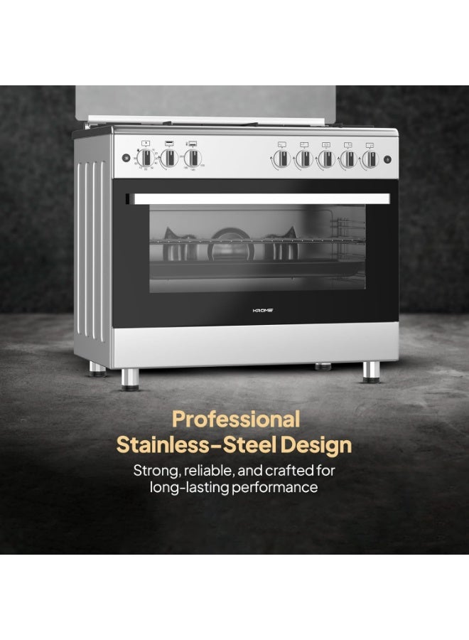 Krome 90x60 Cm Free Standing Gas Cooker | 5 Euro Pool Gas Burners| Flame Protection | Stainless Steel | Double Turbo Fan for Even Heat Distribution | Push Button Ignition KR-CR9061FE Silver - Image 5