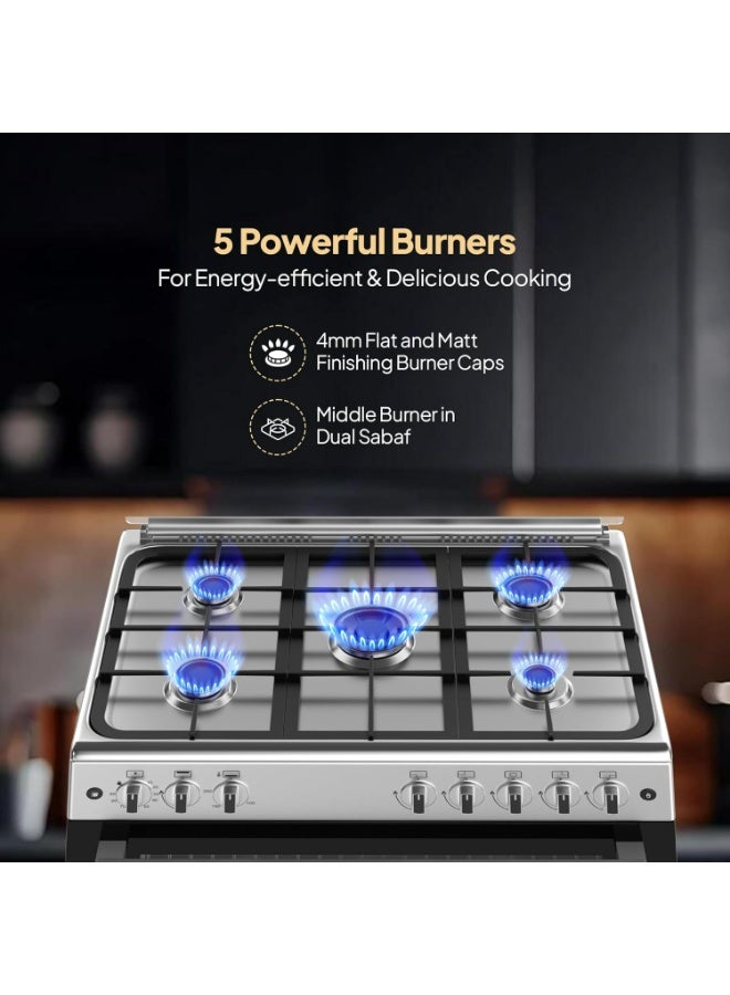 Krome 90x60 Cm Free Standing Gas Cooker | 5 Euro Pool Gas Burners| Flame Protection | Stainless Steel | Double Turbo Fan for Even Heat Distribution | Push Button Ignition KR-CR9061FE Silver - Image 3