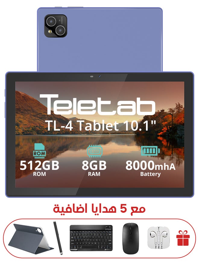 Teletab TL-4 Tablet 10.1-Inch 8GB RAM 512GB 4G-LTE Dual SIM Blue with Grey Leather Cover | Wireless Keyboard | Mouse | Pen | Earbuds | Type-C Charger - Image 1