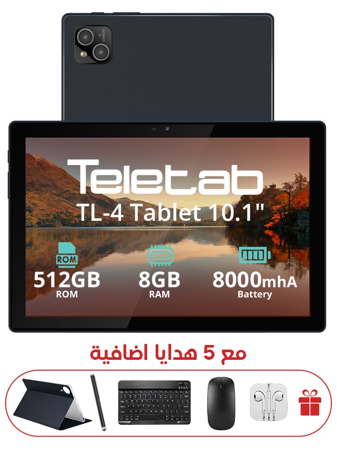 تيلي تاب تابلت TL-4 بحجم 10.1 بوصة وذاكرة RAM سعة 8GB وذاكرة داخلية 512GB ويدعم 4G-LTE بشريحتين SIM باللون الأسود مع غلاف جلدي أسود | لوحة مفاتيح لاسلكية | ماوس | قلم | سماعات أذن | شاحن Type-C - Image 1
