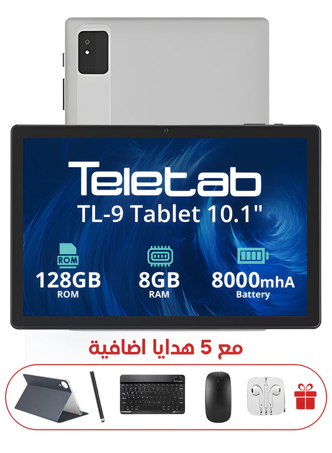 تيلي تاب تابلت TL-9 بحجم 10.1 بوصة وذاكرة RAM سعة 8GB وذاكرة داخلية سعة 128GB مع واي فاي باللون الفضي مع غلاف جلد رمادي | لوحة مفاتيح لاسلكية | ماوس | قلم | سماعات أذن | شاحن Type-C - Image 1