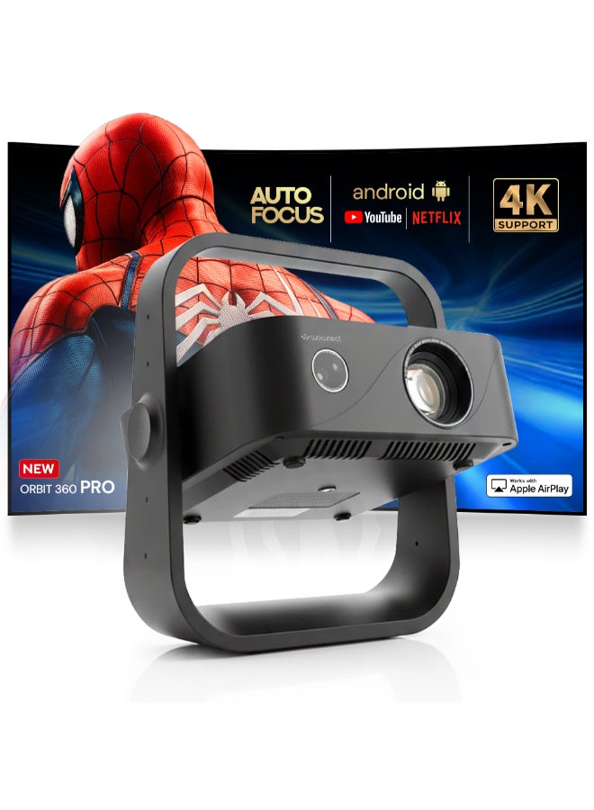 ORBIT 360 Pro Projector – 300 ANSI Lumens, Native 1080P, Android 12, 250" Display, Auto Focus & Keystone, WiFi 6, Bluetooth 5.1, AirPlay & Miracast, HDMI/USB, Portable Home Theater PROJ-WO-112-AN Black