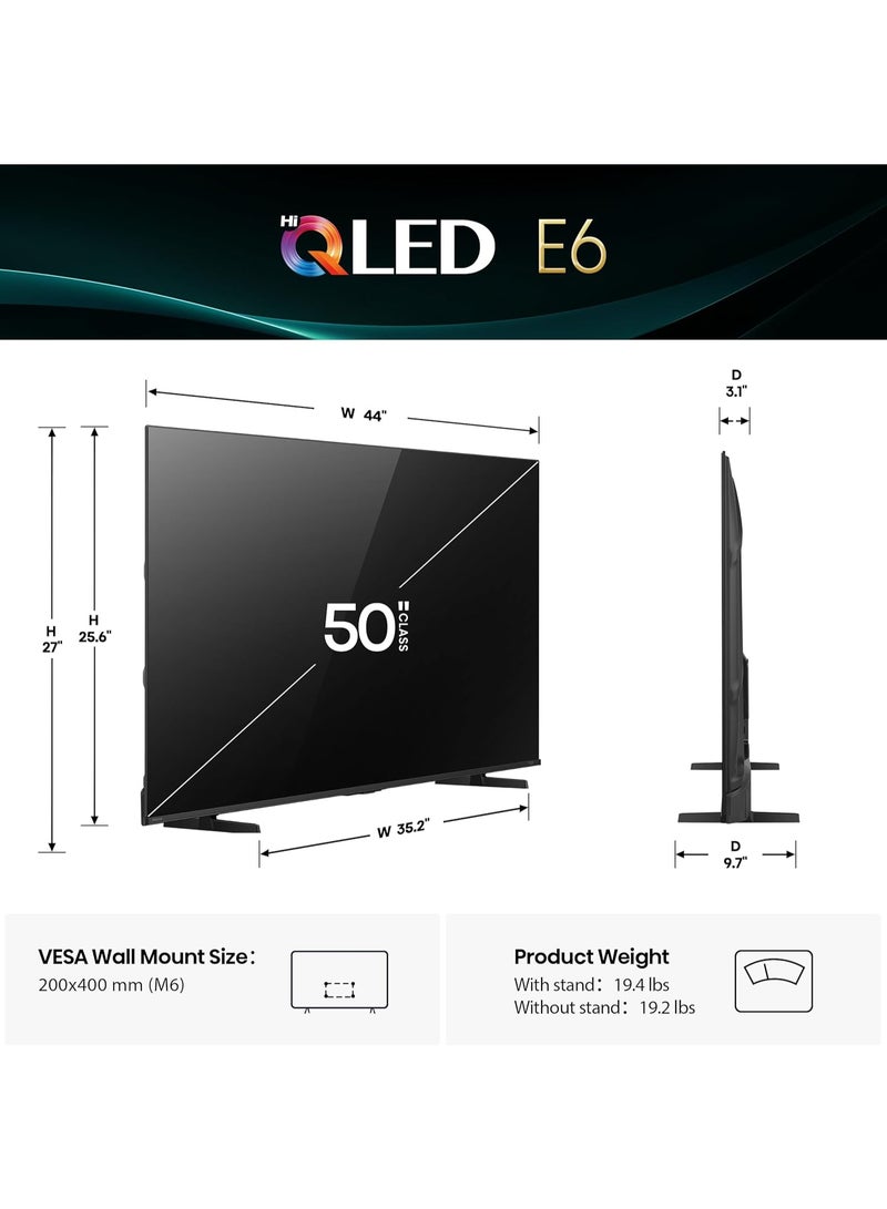 هايسنس تلفاز 50" E6 سلسلة السينما Hi-QLED 4K UHD الذكي (50E6QF، موديل 2025) - مستشعر ضوء AI، Dolby Vision · Atmos، جهاز تحكم صوتي مع Alexa، معدل حركة 120، HDR 10+ التكيفي، وضع الألعاب بلس - Image 2