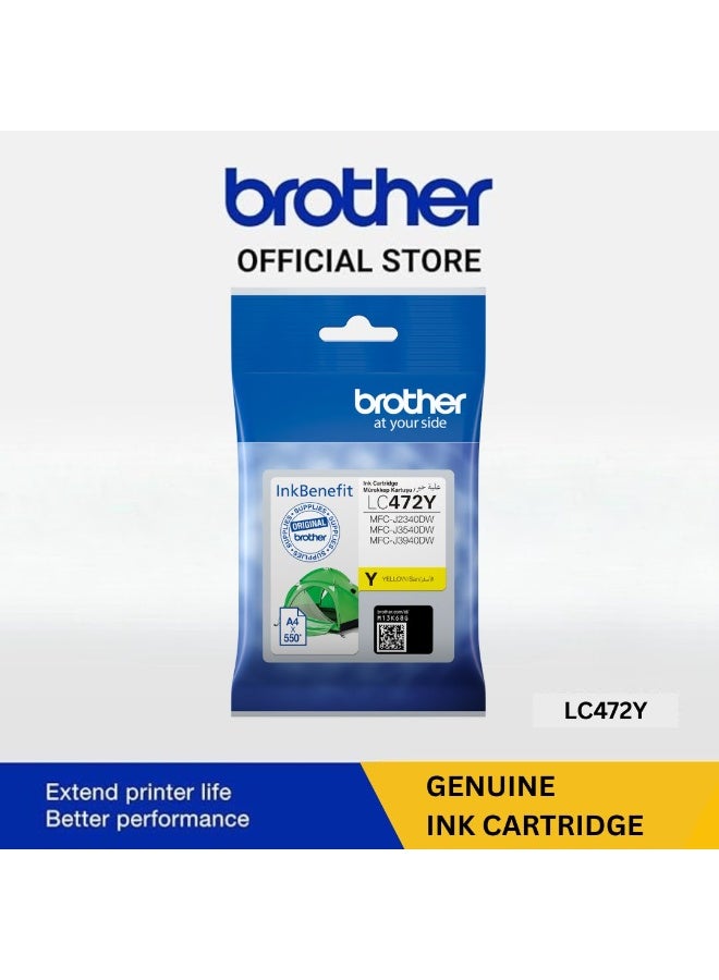بروذر Genuine LC472Y Ink Cartridge, Yellow, Page Yield up to 550 pages YELLOW - Image 1