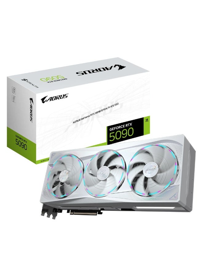 جيجابايت AORUS GeForce RTX 5090 STEALTH ICE 32GB GDDR7 PCIe 5.0 Gaming Graphics Card – 512‑bit, 21,760 CUDA Cores, 2655 MHz Boost, WINDFORCE 3X Cooling with Hawk Fans & Vapor Chamber, White Stealth ICE Design, RGB Halo + LCD Edge View, 3× DisplayPort 2.1b + 1× HDMI 2.1b, NVIDIA DLSS 4 & Reflex 2 | 9VN5090ASI-00-G10 - Image 1
