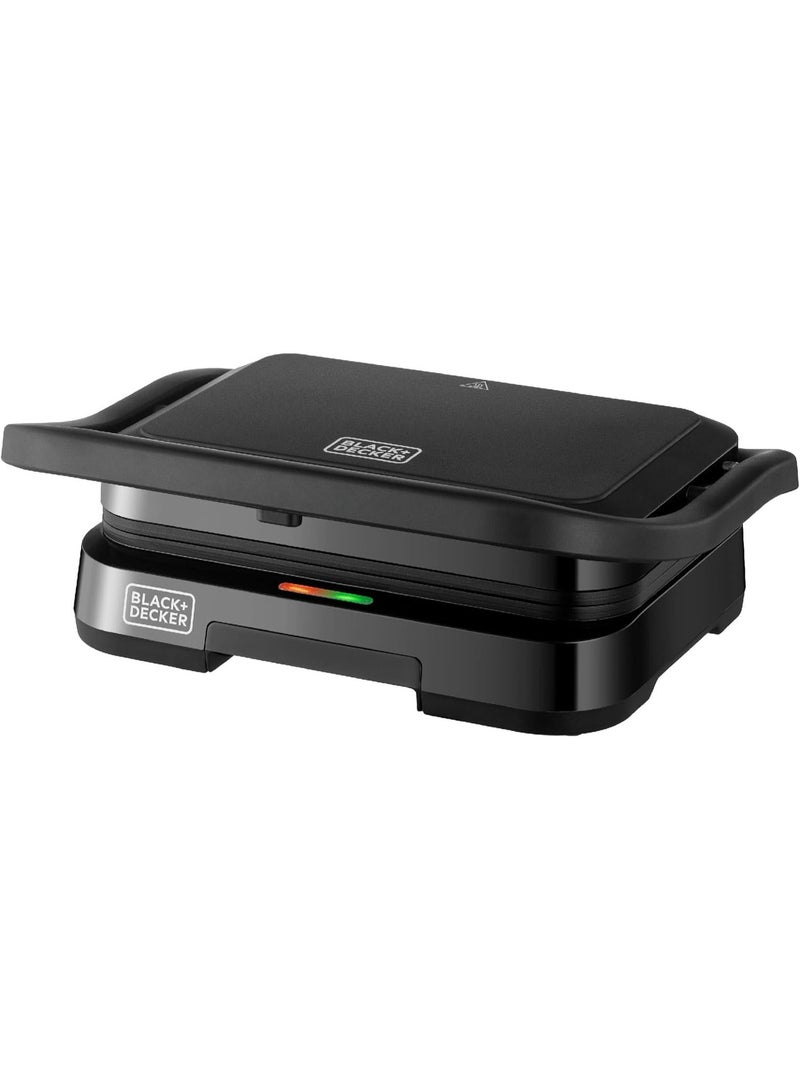 BLACK+DECKER 1300W Electric Panini Grill & Sandwich Maker, Non-Stick Plates, 180° BBQ Hinge, Double Grilling Area, Removable Drip Tray, Cool-Touch Handle – 2 Toast Capacity - PCG1300-B5 1300 W 1300W Electric Panini Grill Black - Image 1