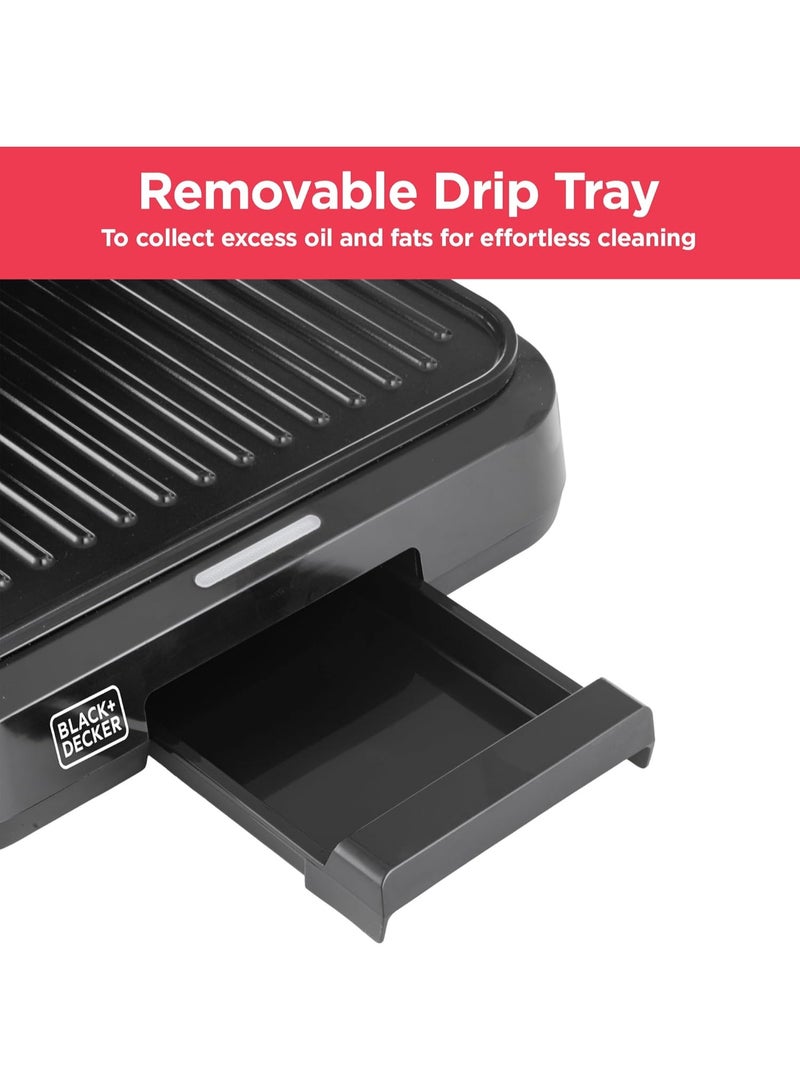 BLACK+DECKER 1300W Electric Panini Grill & Sandwich Maker, Non-Stick Plates, 180° BBQ Hinge, Double Grilling Area, Removable Drip Tray, Cool-Touch Handle – 2 Toast Capacity - PCG1300-B5 1300 W 1300W Electric Panini Grill Black - Image 3