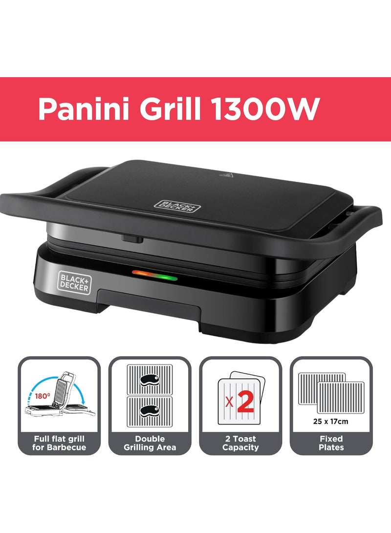 BLACK+DECKER 1300W Electric Panini Grill & Sandwich Maker, Non-Stick Plates, 180° BBQ Hinge, Double Grilling Area, Removable Drip Tray, Cool-Touch Handle – 2 Toast Capacity - PCG1300-B5 1300 W 1300W Electric Panini Grill Black - Image 5