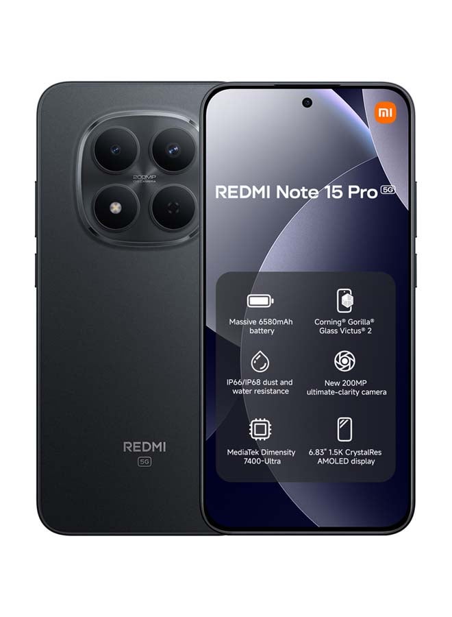 شاومي Redmi Note 15 Pro Dual SIM 5G Black 8GB RAM 256GB with 3 Pin adaptor - Global Version - Image 1