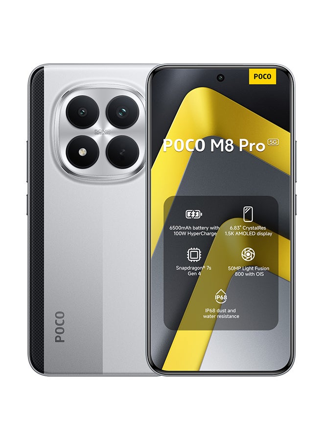 POCO M8 Pro Dual SIM 5G Silver 12G RAM 512GB with 3 Pin Adapter - Global Version