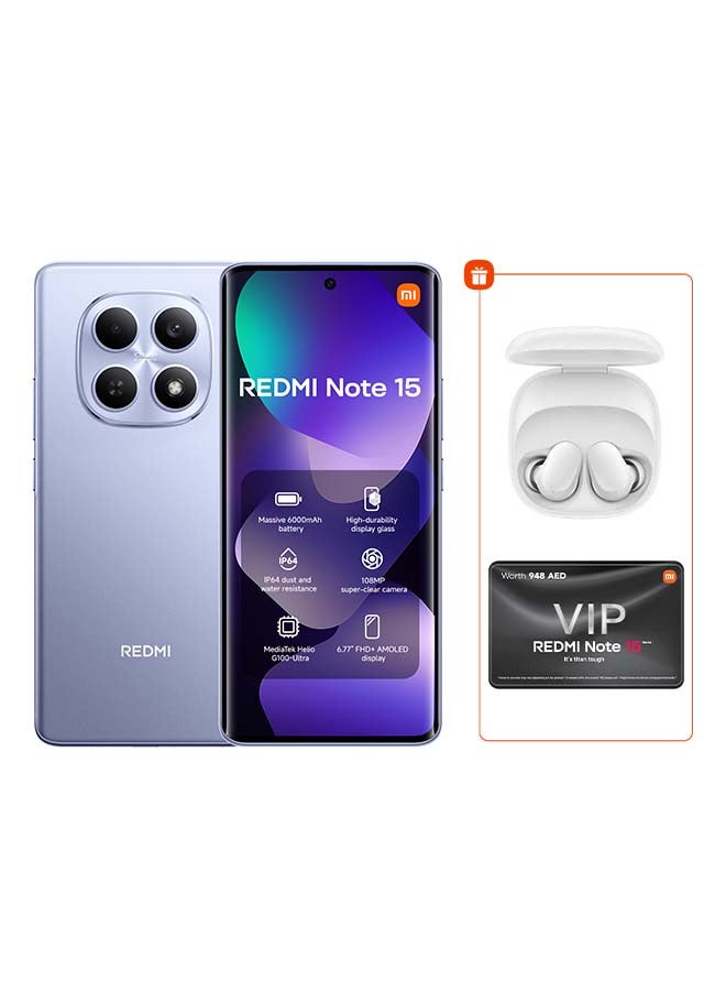 شاومي ريدمي نوت 15 ثنائي الشريحة 4G بنفسجي ضبابي 8 جيجابايت رام 256 جيجابايت مع سماعات ريدمي بودز 6 بلاي مجانًا - النسخة العالمية - Image 1
