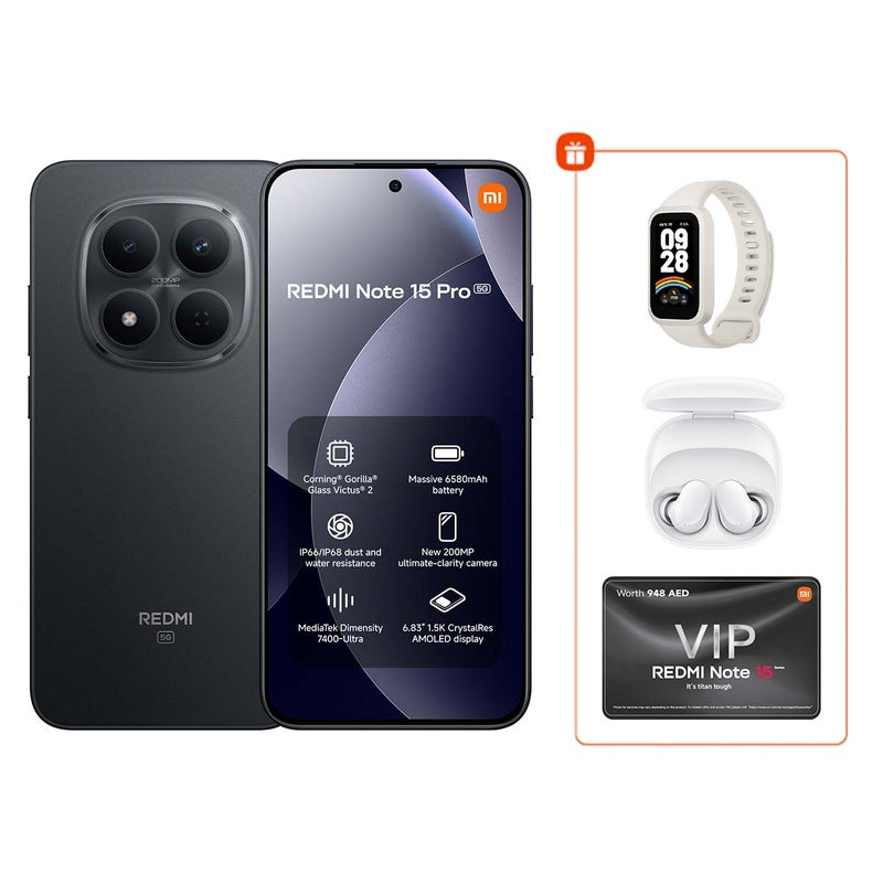 شاومي Redmi Note 15 Pro Dual SIM 5G Black 8GB RAM 256GB with FREE Xiaomi smart band 9 active & Redmi Buds 6 Play - Global Version - Image 1
