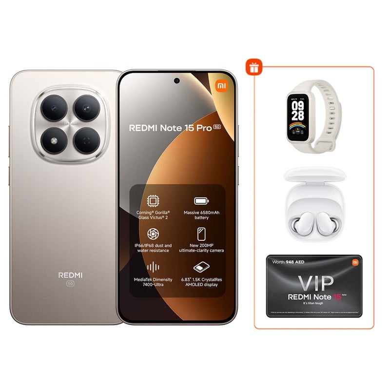 شاومي Redmi Note 15 Pro Dual SIM 5G Titanium color 8GB RAM 256GB with FREE Xiaomi smart band 9 active & Redmi Buds 6 Play - Global Version - Image 1