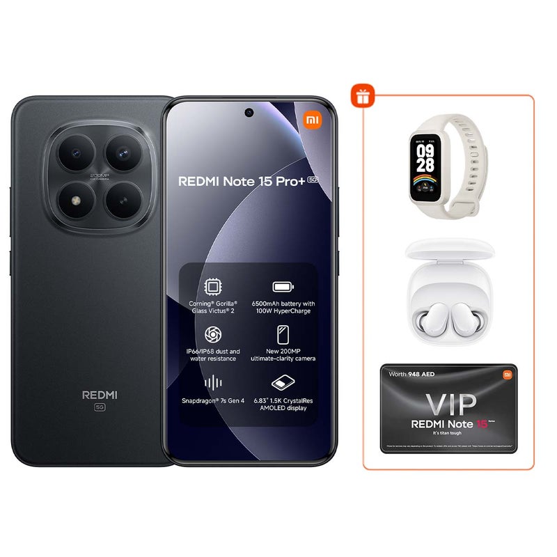 شاومي ريدمي نوت 15 برو+ ثنائي الشريحة 5G أسود 12 جيجابايت رام 512 جيجابايت مع سوار شاومي الذكي 9 النشط مجانًا وسماعات ريدمي بودز 6 بلاي - النسخة العالمية - Image 1