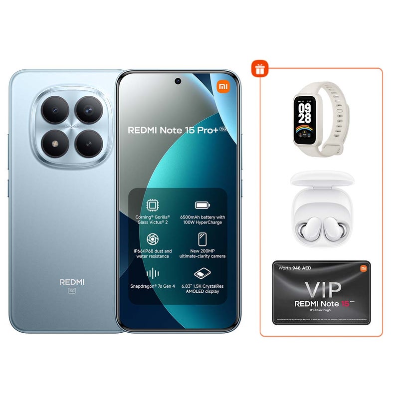 شاومي ريدمي نوت 15 برو+ ثنائي الشريحة 5G أزرق جليدي 12 جيجابايت رام 512 جيجابايت مع سوار شاومي الذكي 9 النشط مجانًا وسماعات ريدمي بودز 6 بلاي - النسخة العالمية - Image 1