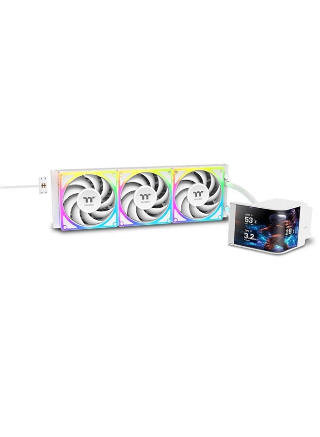 Thermaltake MAGCurve 360 Ultra ARGB AIO Liquid Cooler – 360mm Aluminum Radiator, 3x TOUGHFAN EX 120mm ARGB Fans, 6.67” Curved AMOLED Display, Intel & AMD Compatible, PWM 500-2500RPM, TT RGB Plus Software, ARGB Sync, White | CL-W454-PL12SW-A - Image 1