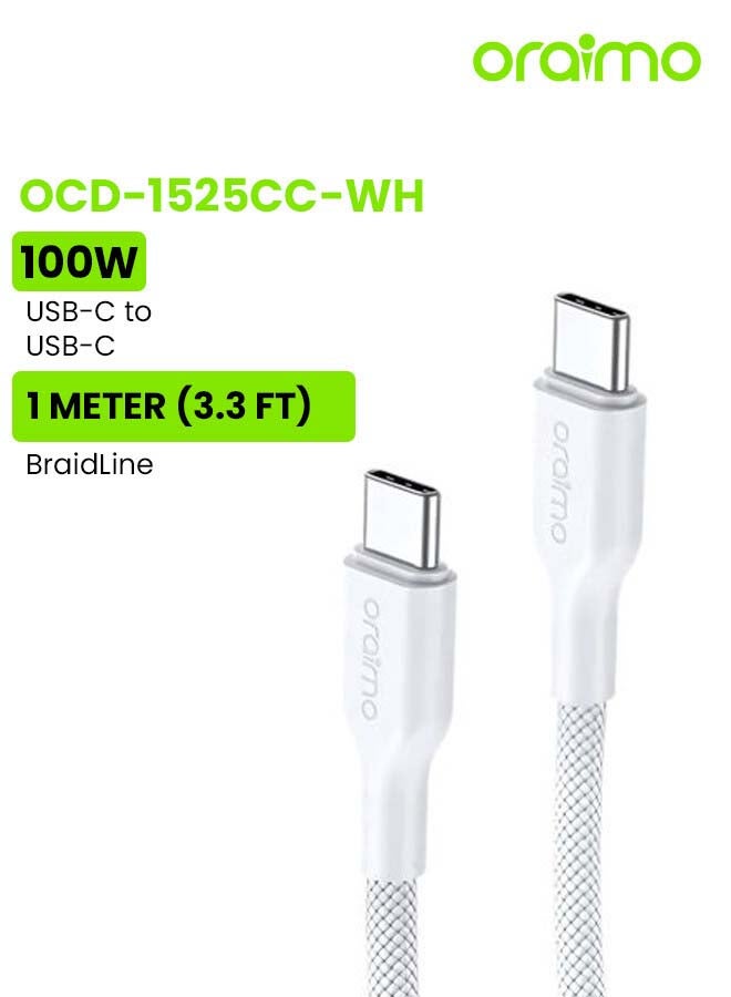 Charging Cable BroidLine Fabric USB-C to USB-C 1m 100W - White