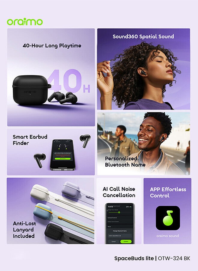Oraimo SpaceBuds Lite OTW-324 True Wireless Earbuds,Sound360 Spatial Sound with AI Crystal-Clear Call,Bluetooth earphone,Comfortable Fit,40H Playtime,Waterproof Earbuds Black - Image 3