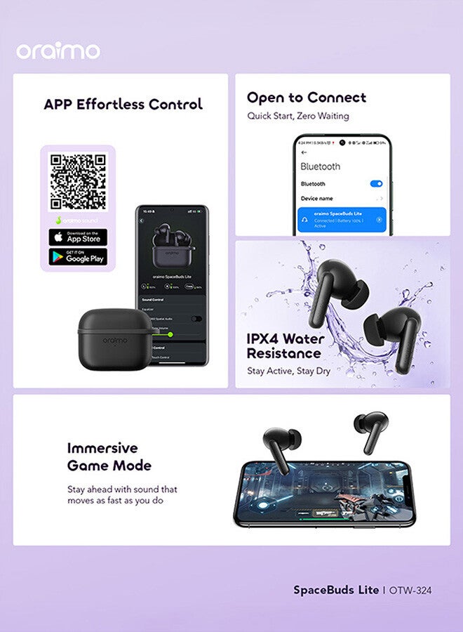 Oraimo SpaceBuds Lite OTW-324 True Wireless Earbuds,Sound360 Spatial Sound with AI Crystal-Clear Call,Bluetooth earphone,Comfortable Fit,40H Playtime,Waterproof Earbuds Black - Image 4