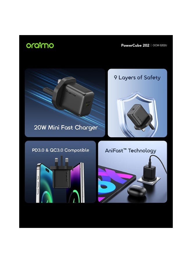 Oraimo Wall Charger USB-C Port 20W with Cable - Black - Image 3