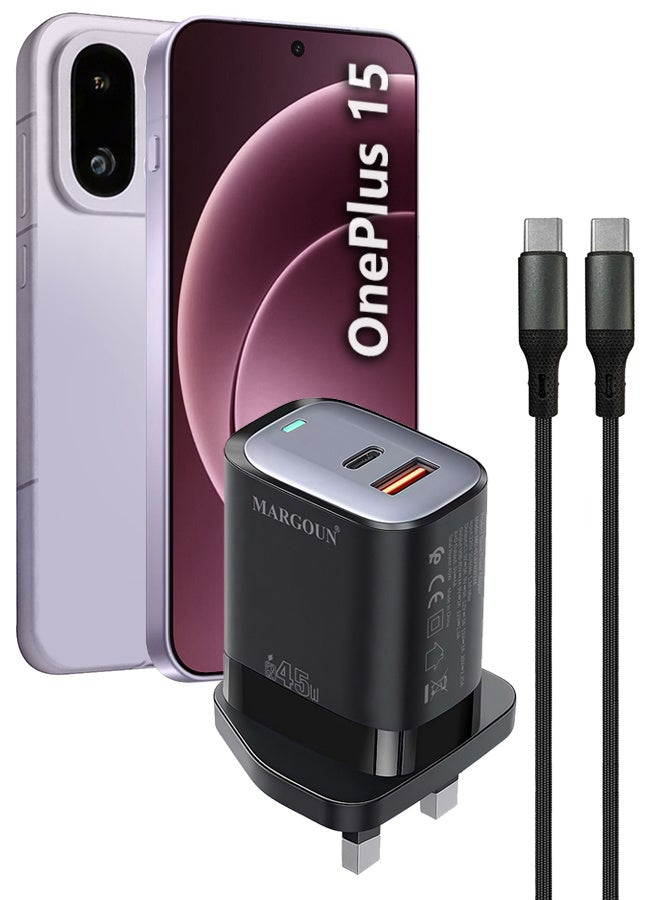 مارجون محول طاقة 45 واط ديو، منفذي USB-C و USB-A مزدوجين، شحن فائق السرعة PD و QC مع كابل Type-C لهاتف Oneplus 15 - Image 1
