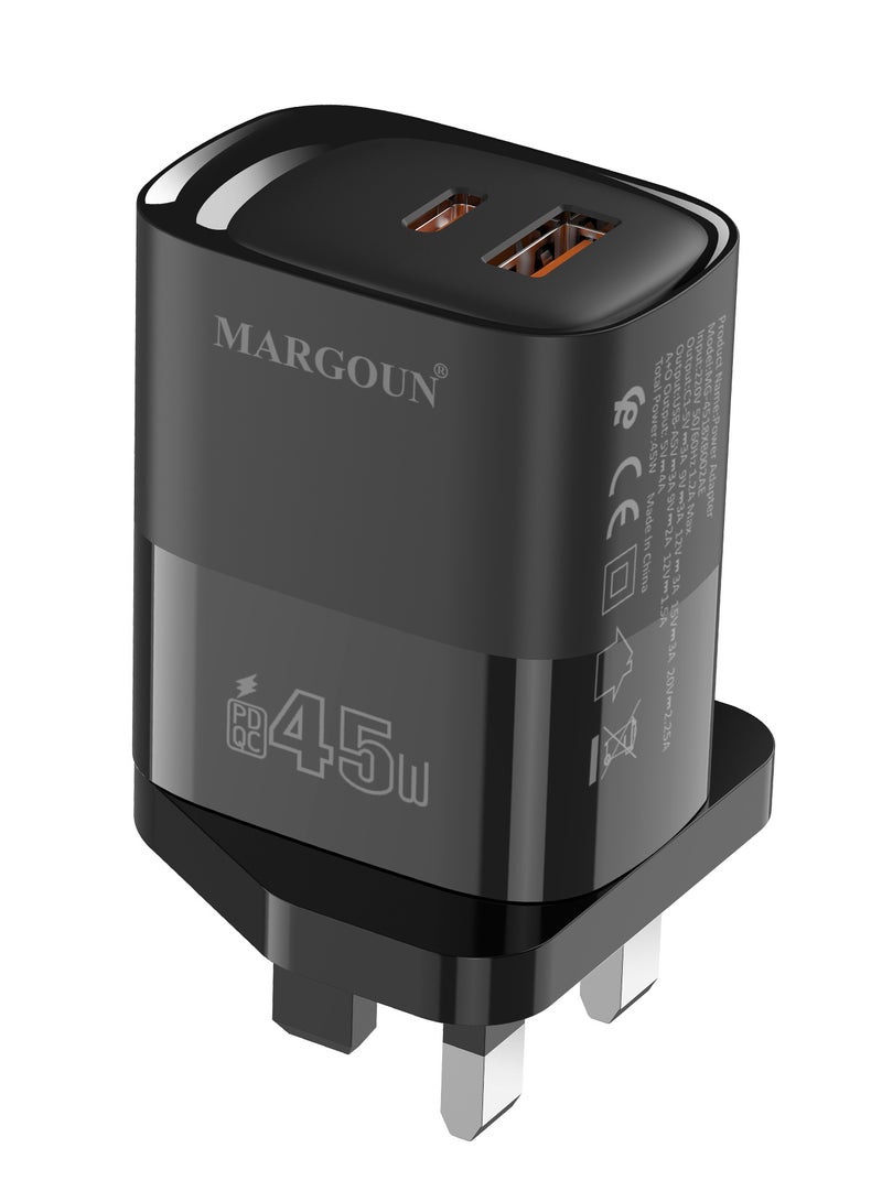 MARGOUN 45W Power Adapter Duo, Dual USB-C & USB-A Ports, PD & QC Super Fast Charging With Cable Type-C for Oneplus 15 Black-1 - Image 3