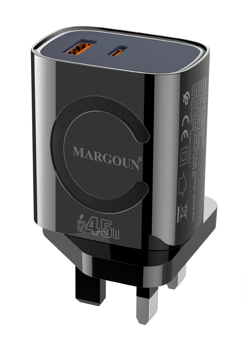 مارجون 45W Power Adapter Duo, Dual USB-C & USB-A Ports, PD & QC Super Fast Charging With Cable Type-C for Oneplus 15 Black-2 - Image 5