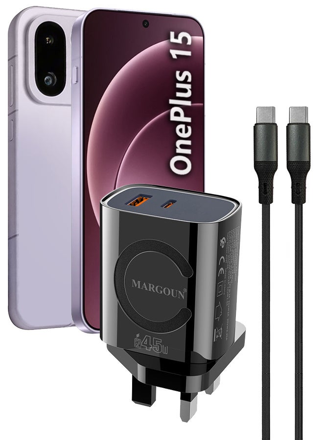 مارجون محول طاقة 45 واط ديو، منفذي USB-C و USB-A مزدوجين، شحن فائق السرعة PD و QC مع كابل Type-C لهاتف Oneplus 15 - Image 1