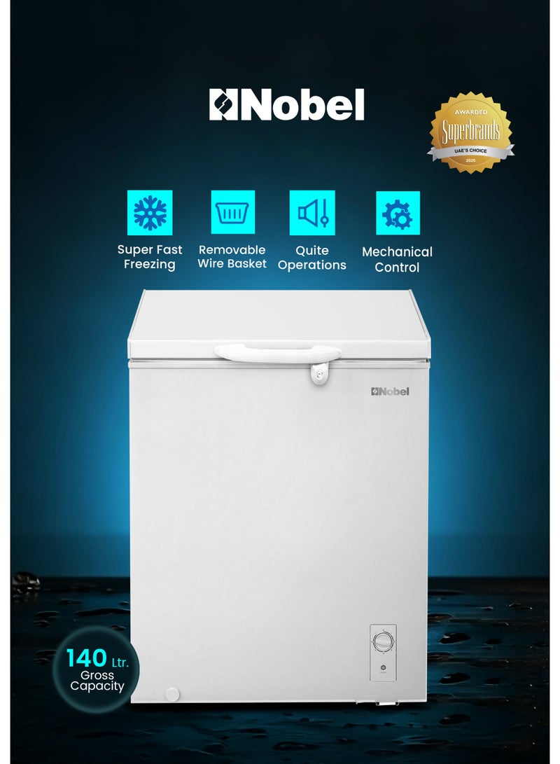 Nobel Chest Freezer 140L Gross / 99L Net Single Door Deep Freezer, Mechanical Control, R600a, Low Noise 42dB, Wire Basket – (1 Year Warranty) 140 L 400 W NCF140 White - Image 1