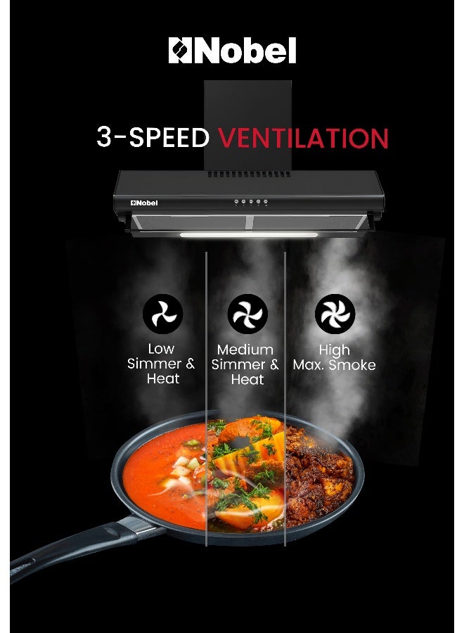 Nobel 60cm Built-In Slim Cooker Hood 220 m³/h Suction, Chimney, Push Button Control, 3 Speed Ventilation, Carbon Filter –  (1 Year Warranty) 65 W NCH60B Black - Image 5