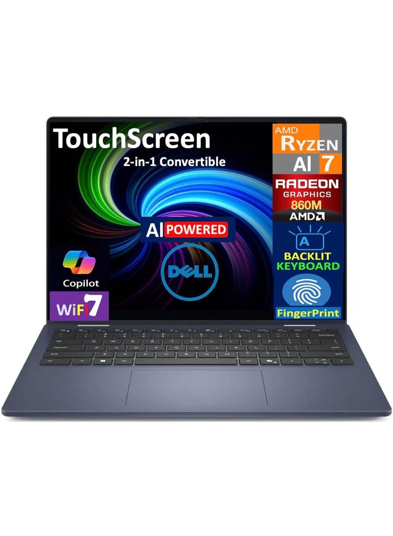 ديل 14 Plus 2-in-1 Personal Laptop, 2025, 14" 1920 x 1200 Touch, AMD Ryzen AI 7 350 8-Core, 16GB LPDDR5, 2TB SSD, Win11 Home, Backlit Keyboard, Wi-Fi 7, BT 5.4, 1080p + IR Camera English blue - Image 1