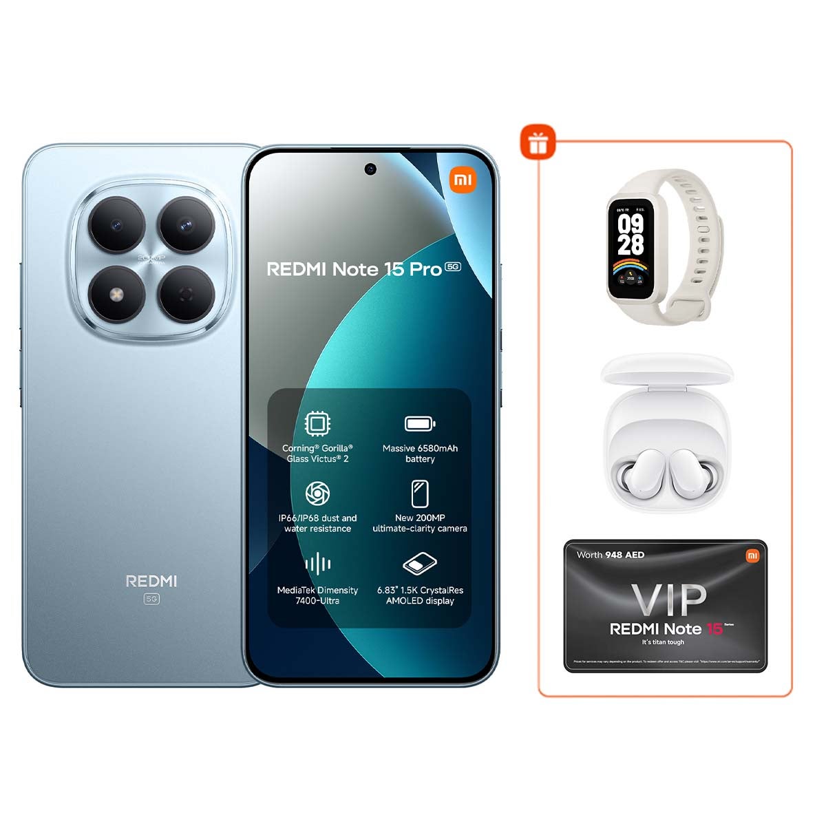 Redmi Note 15 Pro Dual SIM 5G Glacier Blue 12GB RAM 256GB with FREE Xiaomi smart band 9 active & Redmi Buds 6 Play - Global Version