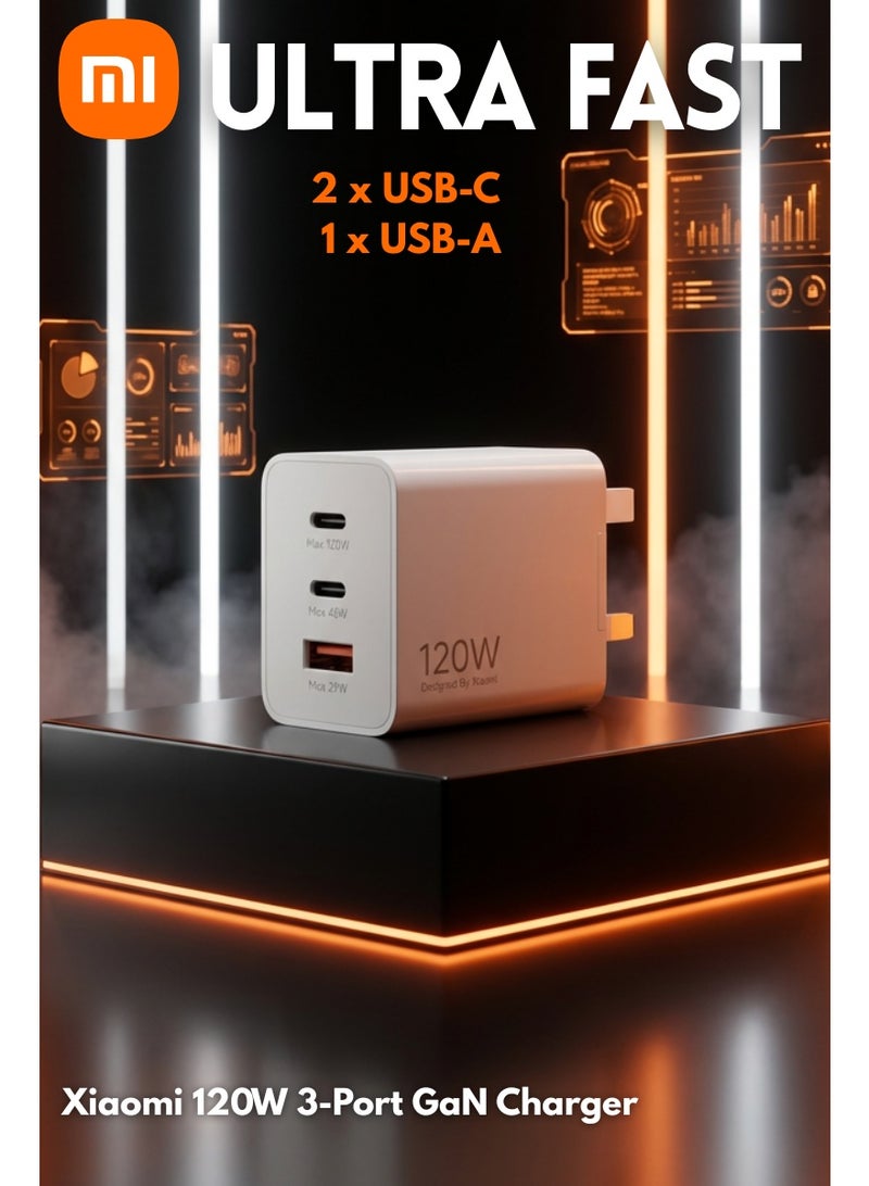 شاومي شاحن 120 واط GaN فائق السرعة، 2 × USB-C و 1 × USB-A، محول سفر مدمج عالي السرعة يتميز بالأمان الذكي وأداء كفاءة الحرارة للأجهزة المحمولة/الأجهزة اللوحية/الكمبيوترات المحمولة، كابل USB-C إلى USB-C 120 واط متضمن - Image 4