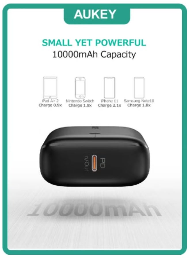 Aukey 20W Fast Charging 10000mAh Power Bank - Aukey Basix Mini (Compact &amp; Portable), PD/QC3.0 for iPhone 15/14/13 &amp; Samsung S24/S23 &amp; iPad Pro – Travel friendly - Black - Image 2