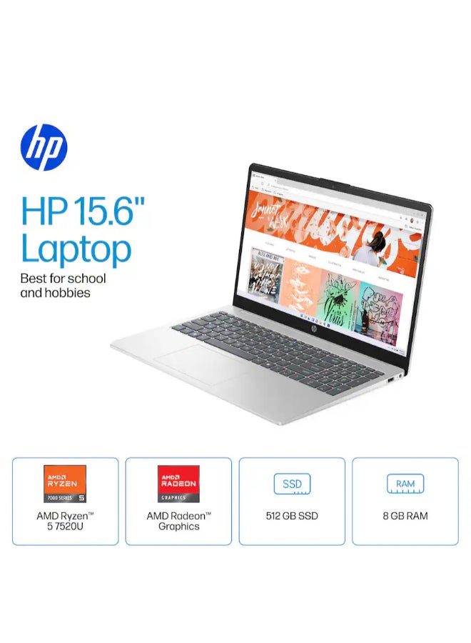 15-fc0146dx Laptop, 15.6" FHD Touch Display, AMD Ryzen 5 7520U, 8GB RAM, 512GB SSD, AMD Radeon Graphics, English Keyboard, Windows 11 Home English Natural Silver image 5