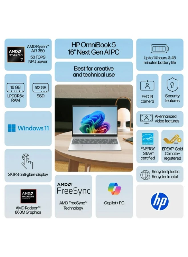 HP Omnibook 5 16-AG1070WM Laptop 16-Inch 2K IPS LED Display | AMD Ryzen AI 7 350  Processor | 16GB RAM | 512GB SSD | Windows 11 English Glacier Silver - Image 5