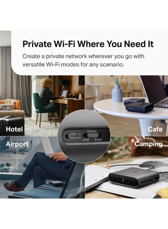 تي بي لينك WiFi 6 Travel Router TL-WR1502X | AX1500 Portable Design | Multiple Modes in One | VPN Clients & Server | Captive Portal | USB Tethering & File Sharing | Type-C Power Port | Tether App & Cloud black - Image 3