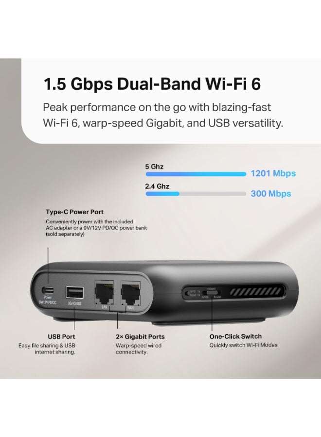 تي بي لينك WiFi 6 Travel Router TL-WR1502X | AX1500 Portable Design | Multiple Modes in One | VPN Clients & Server | Captive Portal | USB Tethering & File Sharing | Type-C Power Port | Tether App & Cloud black - Image 2