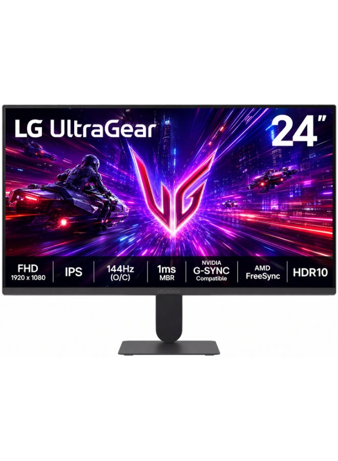 إل جي شاشة ألعاب UltraGear بدقة Full HD مقاس 24 بوصة (1920 x 1080) IPS، 144Hz (Overclock)، 1ms MBR، متوافقة مع NVIDIA G-Sync، AMD FreeSync، HDR10، HDMI، DisplayPort، قاعدة رفيعة، 24G411A-B - Image 1