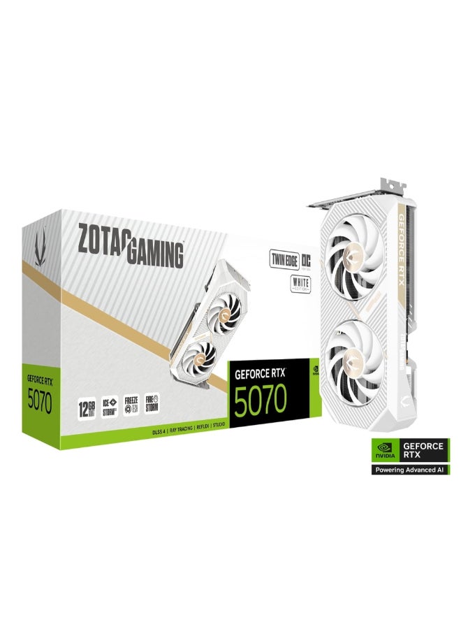 زوتاك بطاقة الرسوميات GAMING GeForce RTX 5070 Twin Edge OC إصدار أبيض 12GB GDDR7، PCIe 5.0، تبريد ثنائي المروحة IceStorm 2.0، مكسورة السرعة من المصنع، DLSS 4، تتبع الأشعة، HDMI 2.1b، DisplayPort 2.1، وحدة معالجة رسومات مدمجة مزدوجة الفتحة | ZT-B50700Q-10P - Image 1