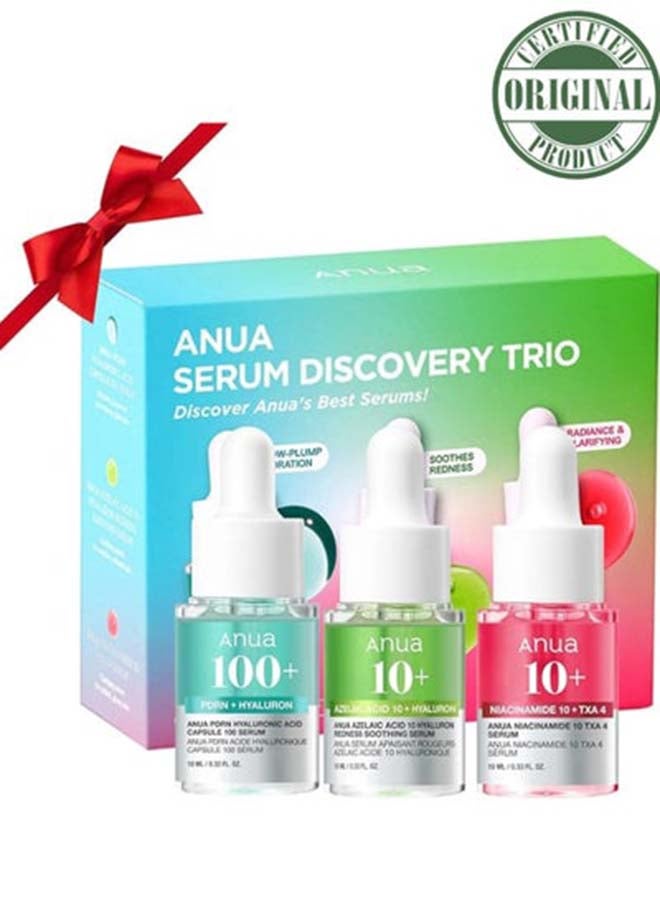 انوا حل الترطيب والتفتيح والتهدئة – مجموعة أنوا سيروم ديسكفري الثلاثية المصغرة مع حمض الهيالورونيك، النياسيناميد وحمض الأزيليك (10 مل × 3) - Image 1