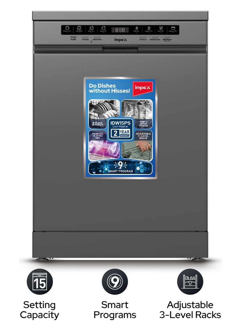 Impex Dishwasher with 15 Place Settings | 9 Smart Wash Programs | 3-Level Rack System | Residual Heating Dry | Triple Spray Arms | Built-in Water Softener | A+++ Energy Class | 53 dB Ultra-Quiet Operation | Free Standing | IDW15PS IDW15PS Dark Grey - Image 1