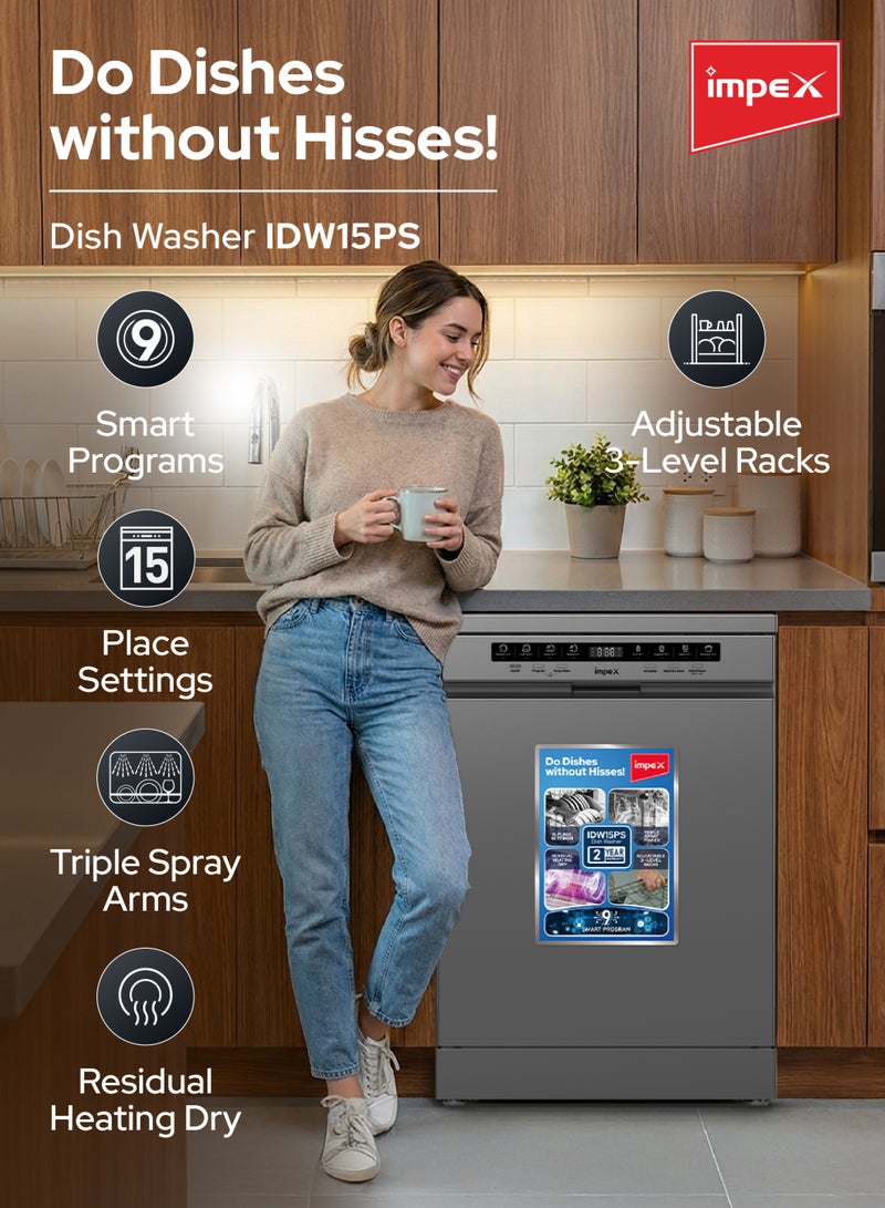 Impex Dishwasher with 15 Place Settings | 9 Smart Wash Programs | 3-Level Rack System | Residual Heating Dry | Triple Spray Arms | Built-in Water Softener | A+++ Energy Class | 53 dB Ultra-Quiet Operation | Free Standing | IDW15PS IDW15PS Dark Grey - Image 3