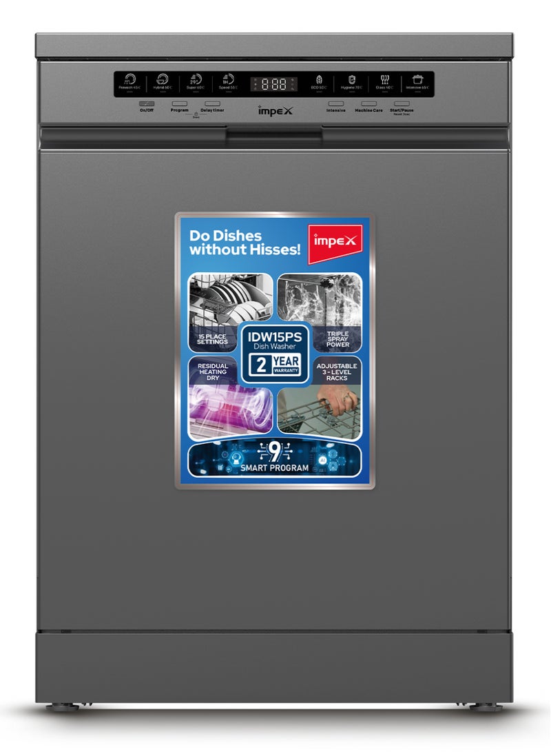 Impex Dishwasher with 15 Place Settings | 9 Smart Wash Programs | 3-Level Rack System | Residual Heating Dry | Triple Spray Arms | Built-in Water Softener | A+++ Energy Class | 53 dB Ultra-Quiet Operation | Free Standing | IDW15PS IDW15PS Dark Grey - Image 2