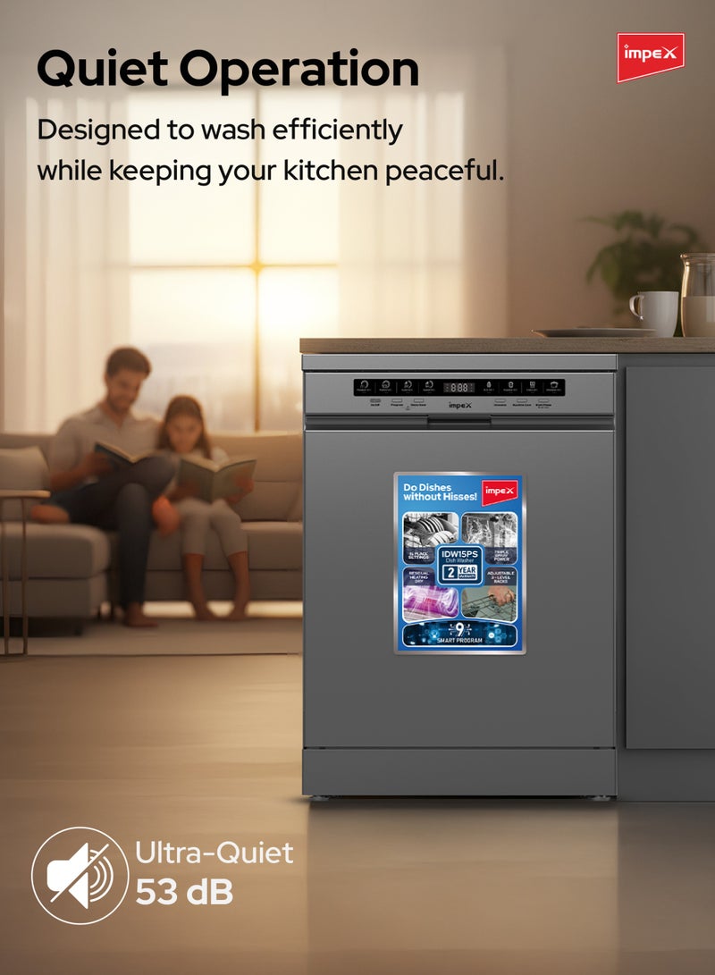 Impex Dishwasher with 15 Place Settings | 9 Smart Wash Programs | 3-Level Rack System | Residual Heating Dry | Triple Spray Arms | Built-in Water Softener | A+++ Energy Class | 53 dB Ultra-Quiet Operation | Free Standing | IDW15PS IDW15PS Dark Grey - Image 5