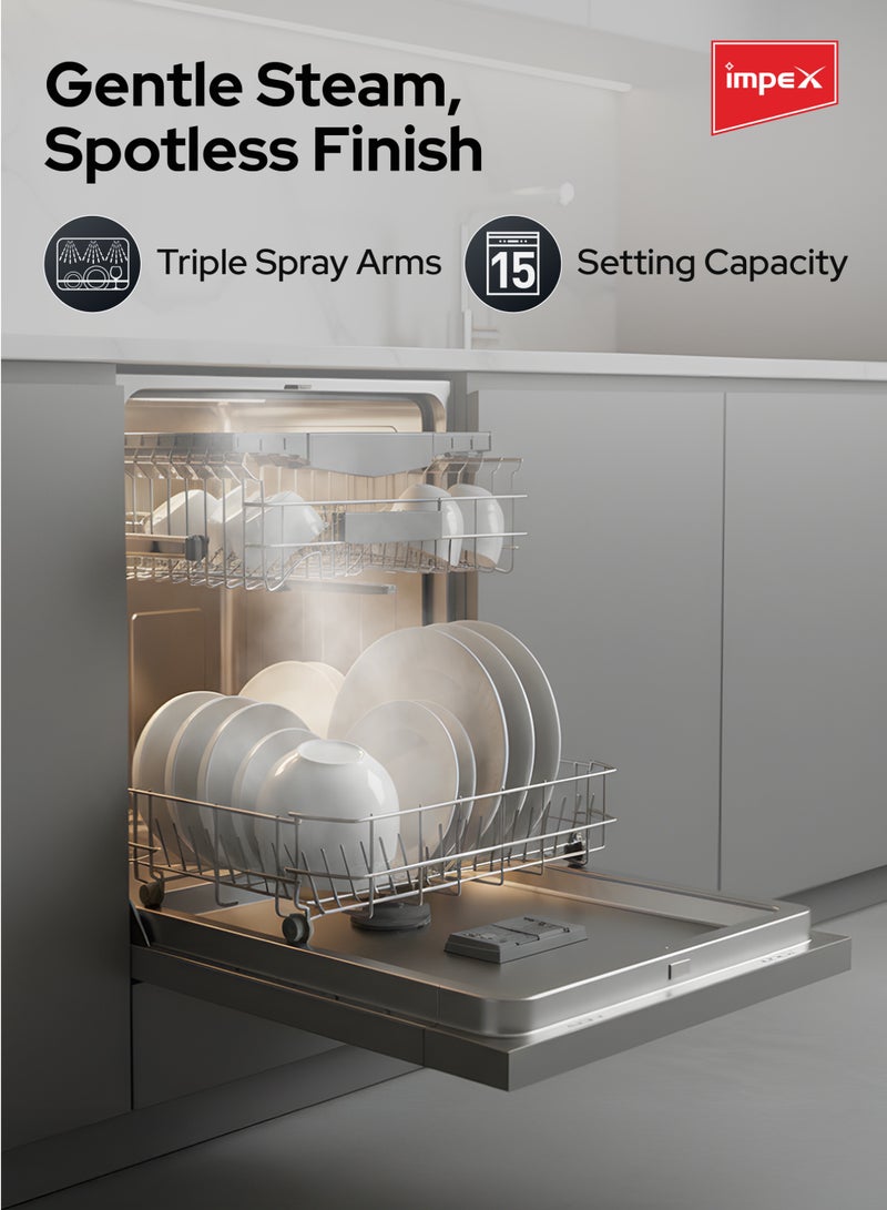Impex Dishwasher with 15 Place Settings | 9 Smart Wash Programs | 3-Level Rack System | Residual Heating Dry | Triple Spray Arms | Built-in Water Softener | A+++ Energy Class | 53 dB Ultra-Quiet Operation | Free Standing | IDW15PS IDW15PS Dark Grey - Image 4