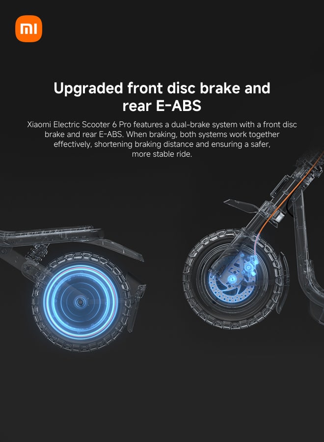 شاومي سكوتر كهربائي 6 برو – مدى طويل 70 كم، قوة ذروة 1000 واط، إطارات 12 بوصة لجميع التضاريس، تعليق أمامي وخلفي، فرامل قرصية أمامية وE-ABS خلفية، خاصية العثور على أبل، سكوتر قابل للطي للبالغين، هيكل مناسب للطرق الوعرة، قانوني على الطرق - Image 5