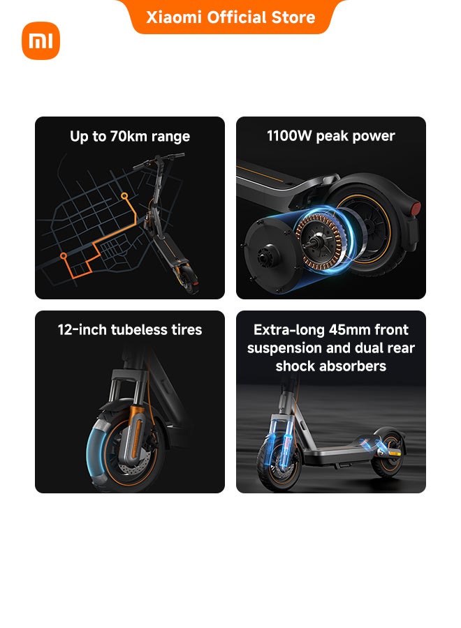 شاومي سكوتر كهربائي 6 ماكس - مدى طويل 70 كم، قوة ذروة 1100 واط، إطارات بدون أنابيب 12 بوصة، تعليق أمامي وخلفي، فرامل قرصية مزدوجة، خاصية العثور على أبل، سكوتر قابل للطي للبالغين، قانوني على الطرق - Image 3