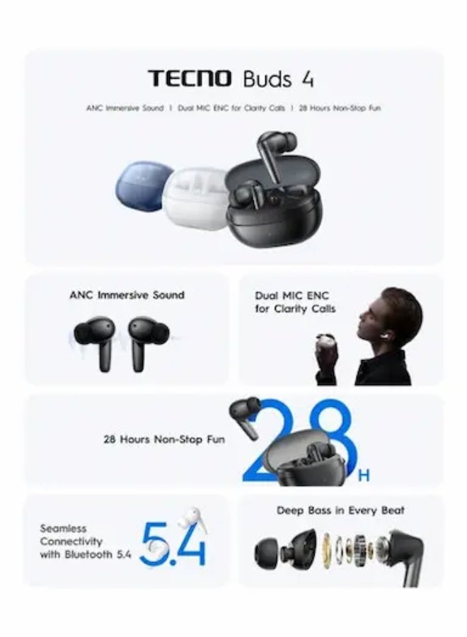 تكنو buds 4 Active Noise Cancellation (ANC) reduces ambient noise by up to 25dB white - Image 5