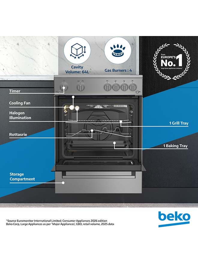 بيكو 60x60cm Freestanding Gas Cooker, Full safety with 4 High Efficiency Gas Burners, Closed Door Grilling, Cast Iron Pan Support, 64 Liters Oven Capacity FBGT61130XSL Inox - Image 2